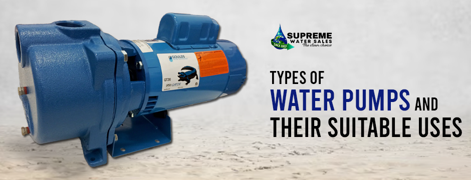Water pump testing equipment showing a blue water pump with text “Types of Water Pumps and Their Suitable Uses”.