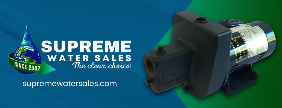 Supreme Water Sales banner featuring a water pump and company logo with the tagline ‘The Clear Choice’ and website supremewatersalv.com.