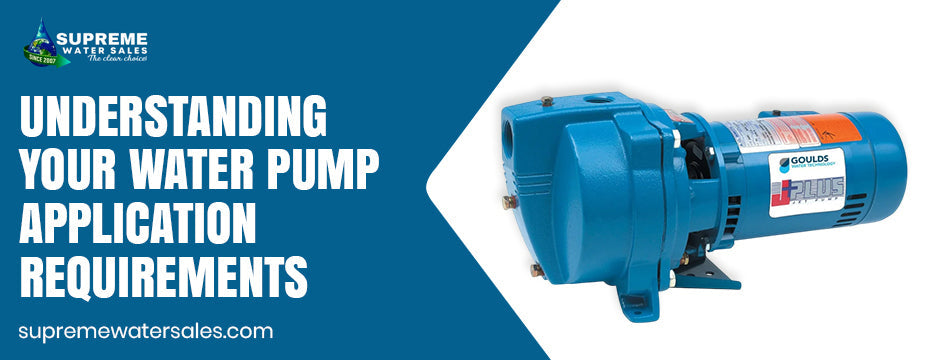 Understanding water pump application requirements with blue industrial pump display.