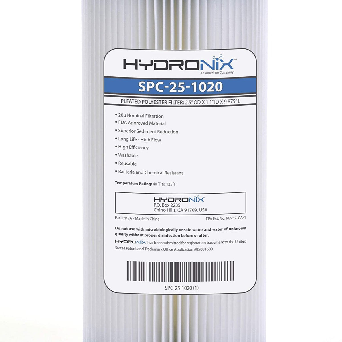 Hydronix Pleated Sediment Water Filter - 20 Micron - 2-1/2 x 9-7/8 inch - SPC-25-1020