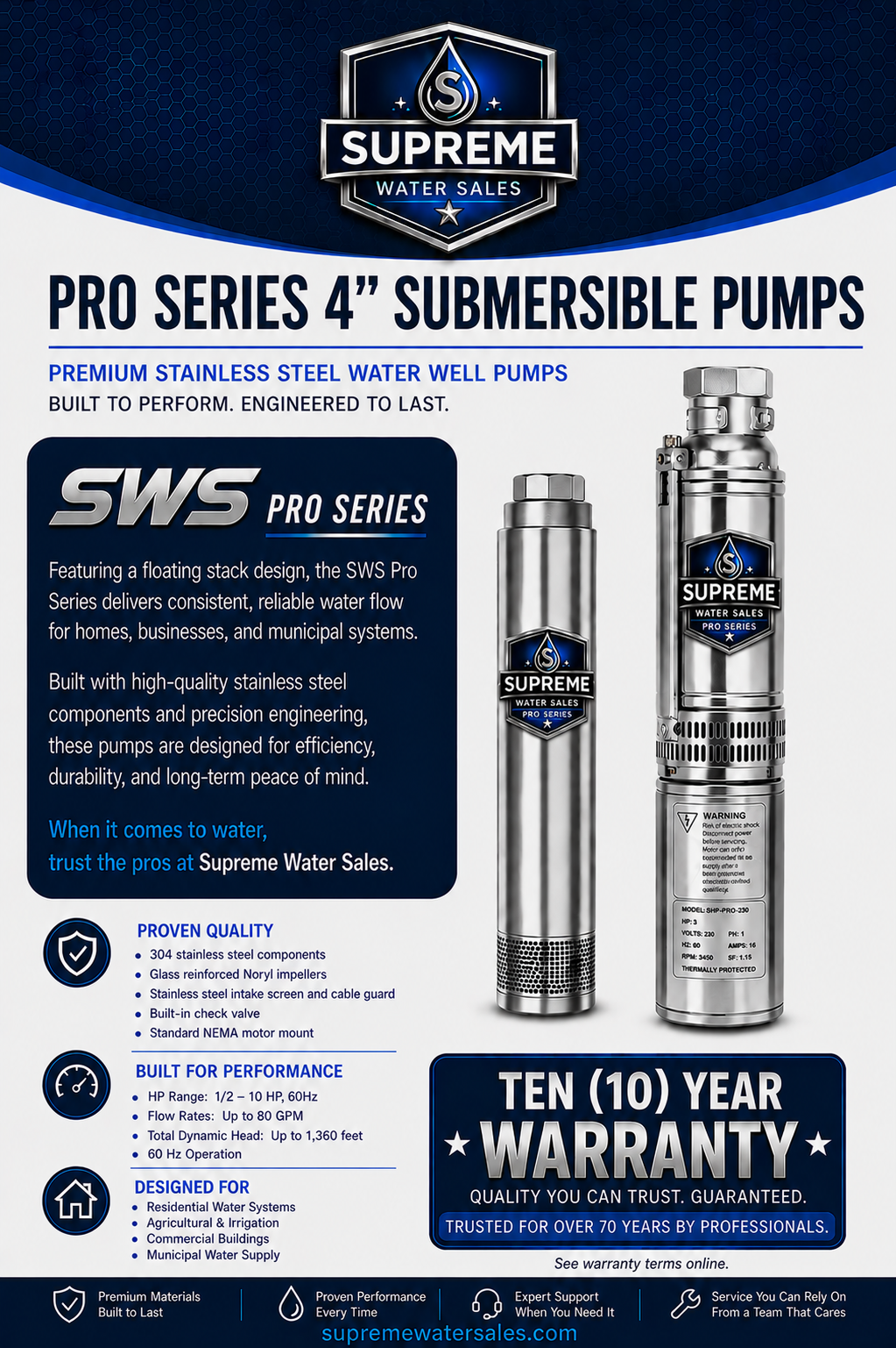 Stainless steel submersible water well pump with 10-year warranty