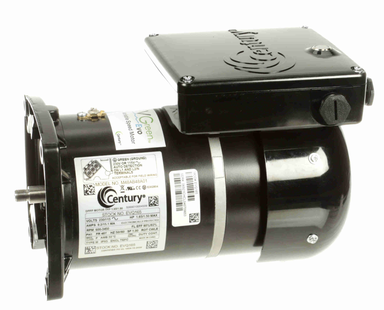 Century Electric VGREEN EVO - EVQ130 - Variable Speed Pool Pump Motor - 48Y Frame - Square Flange - 1.3 HP - 115/230 Volt
