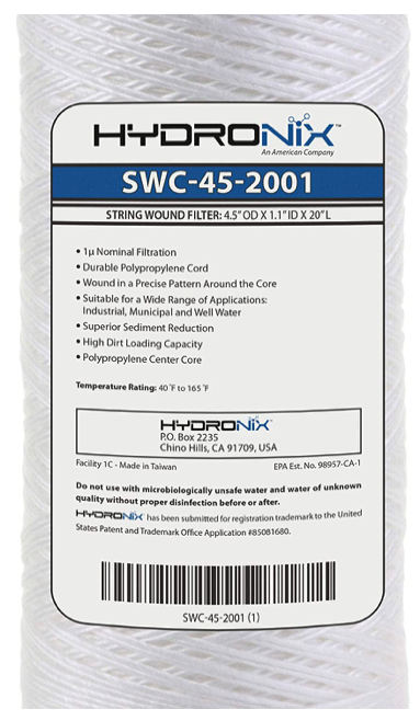 Hydronix - String Poly Wound Filter Cartridge - 4-1/2 x 20 - 1 Micron - SWC-45-2001
