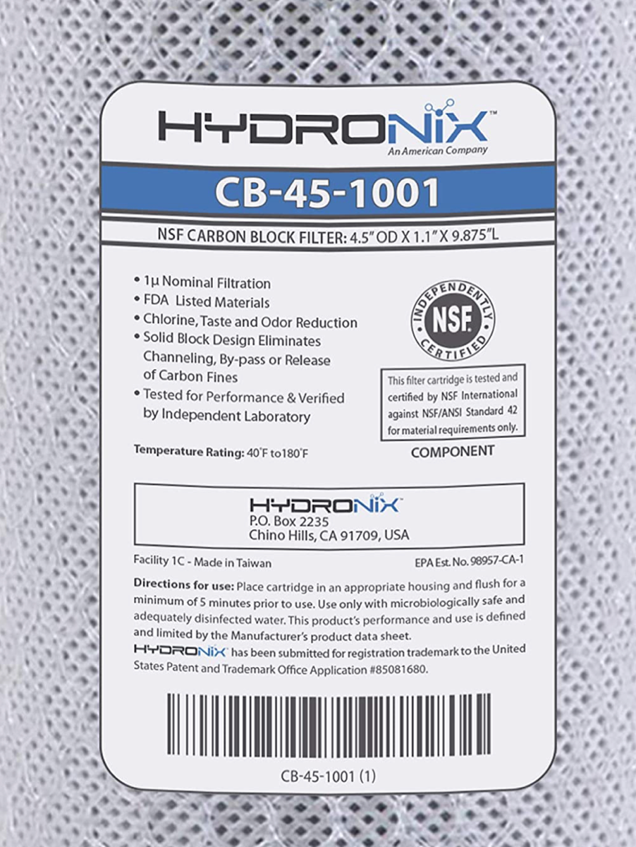 Hydronix Carbon Block Filter - 1 micron -  4-1/2 x 9-7/8 - CB-45-1001